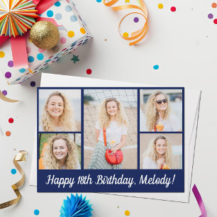 Chic Navy Blue Happy Birthday Photo Collage Card