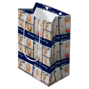 Chic Navy Blue Happy Birthday Photo Collage Medium Gift Bag