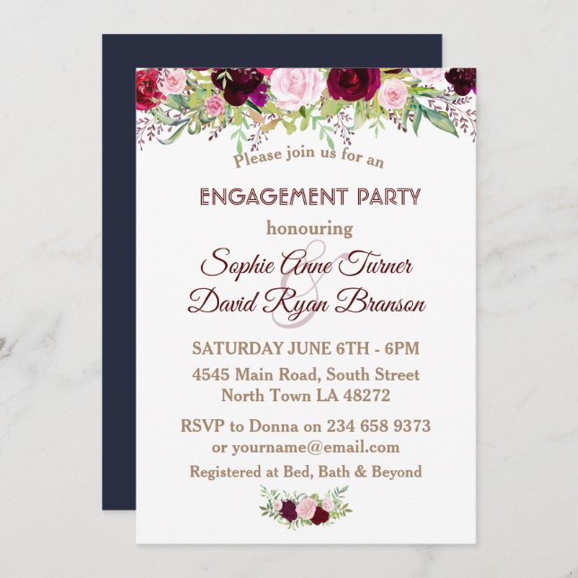 Chic Navy Blue Marsala Floral Engagement Party Invitation (Front/Back)