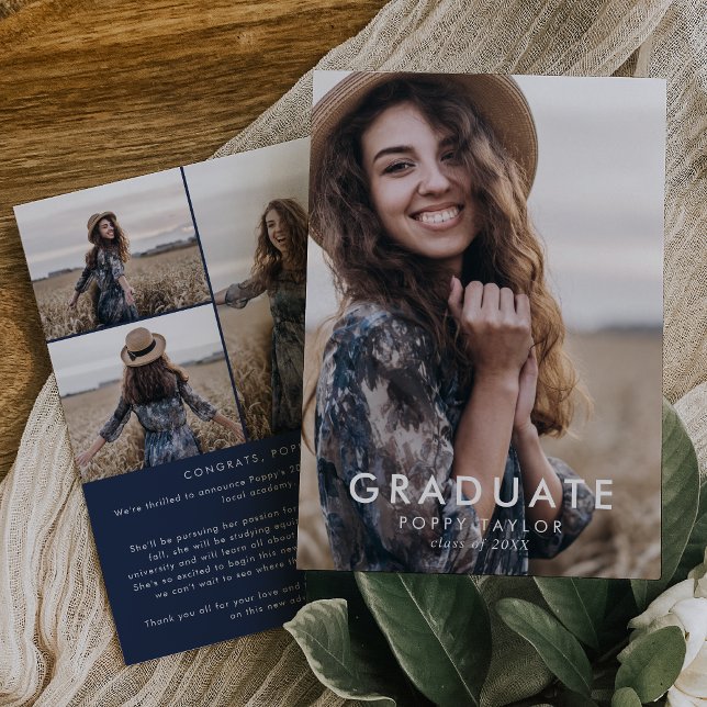 Chic Navy Blue Message Photo Collage Graduation Announcement (Creator Uploaded)