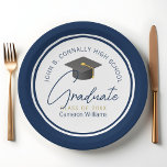 Chic Navy Blue Modern 2025 Graduation Party Paper Plate<br><div class="desc">These modern navy blue custom graduation party plates feature your high school or college name for the class of 2025. Customise with your graduating year under the chic handwritten script and grey grad cap for great personalised graduate party decor.</div>