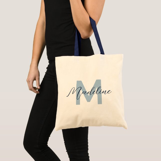 Chic Navy Blue Monogram Ocean Vacation Custom Tote Bag (Front (Product))