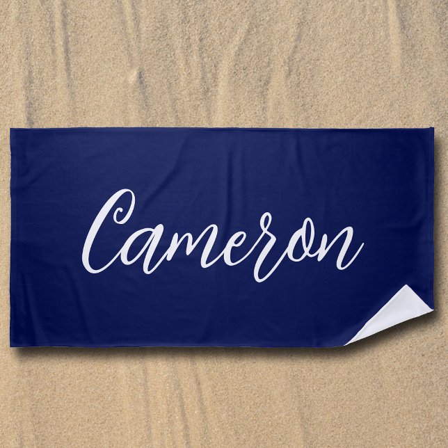 Chic Navy Blue Name Custom Handwritten Script Beach Towel (Creator Uploaded)
