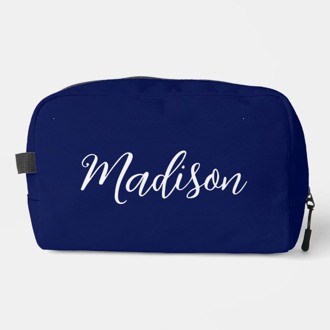 Chic Navy Blue Name Custom Handwritten Script Dopp Kit (Front)