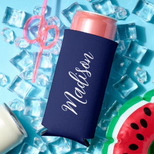 Chic Navy Blue Name Custom Handwritten Script Seltzer Can Cooler