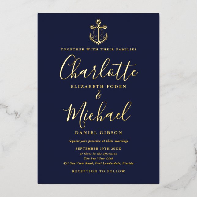 Chic Navy Blue Nautical Anchor Wedding Gold Foil (Front)