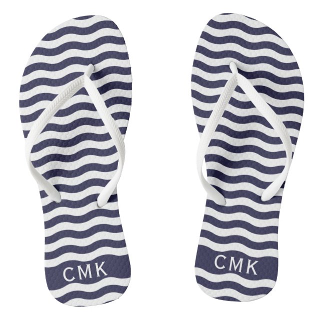 Chic Navy Blue Nautical Waves Beach Monogram Thongs (Footbed)