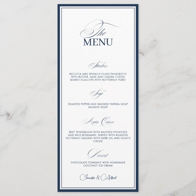 Chic Navy Blue Old Money Wedding Dinner Menu Card (Front)