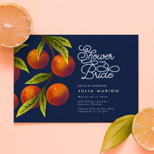 Chic Navy Blue Oranges Citrus Bridal Shower Invitation