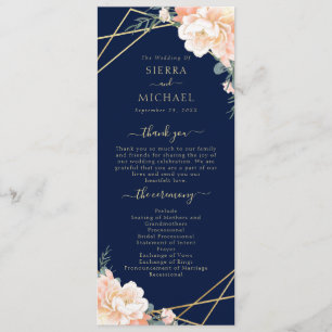 Chic Navy Blue Peach Cream Gold Geometric Wedding Program