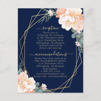 Chic Navy Blue Peach Floral Gold Wedding Details Enclosure Card