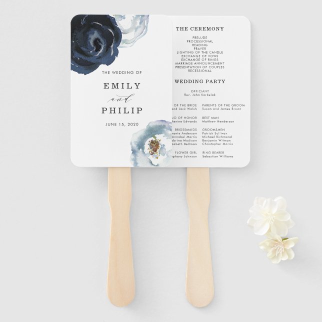 Chic Navy Blue Peony Floral Wedding Program Hand Fan (Front and Back)