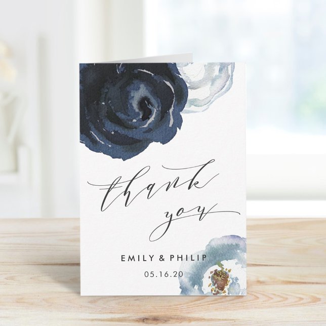 Chic Navy Blue Peony Floral Wedding Thank You Card (Creator Uploaded)