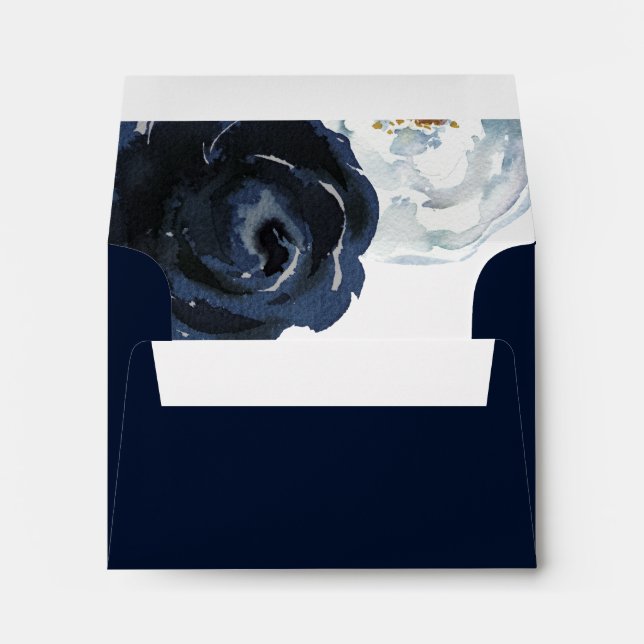 Chic Navy Blue Peony Pre-Printed Address RSVP Envelope (Back (Bottom))