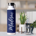 Chic Navy Blue Personalised Name in White Script Water Bottle<br><div class="desc">A chic navy blue personalised monogram water bottle for a girl or guy who loves simple,  handwritten gifts. Beautiful white cursive script down the side spelling out your name in modern typography.</div>