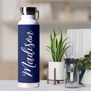 Chic Navy Blue Personalised Name in White Script Water Bottle
