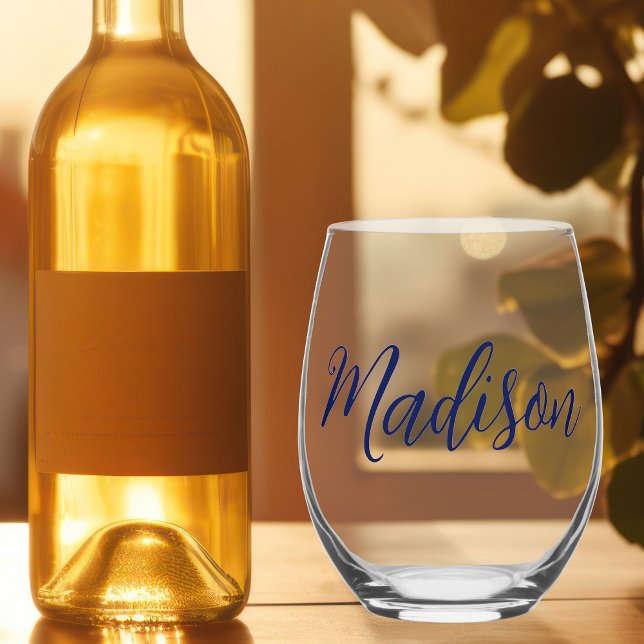 Chic Navy Blue Personalised Name Stemless Wine Glass (Creator Uploaded)
