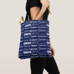 Chic Navy Blue Personalized Name Collage Tote Bag<br><div class="desc">Modern navy blue name collage allover tote bag decorated in nine different fonts customized with your name. Chic custom gift with cool typography in cursive text.</div>