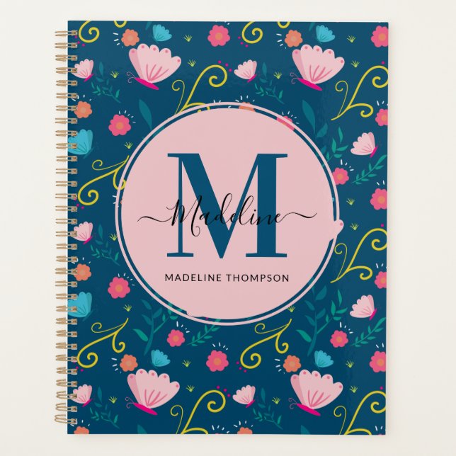 Chic Navy Blue Pink Butterfly Flower Monogram Planner (Front)