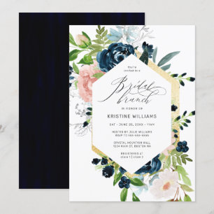 Chic Navy Blue Pink Rose Floral Bridal Brunch Invitation