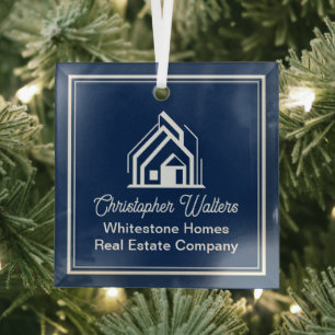 Chic Navy Blue Real Estate Company Custom Realtor Glass Tree Decoration