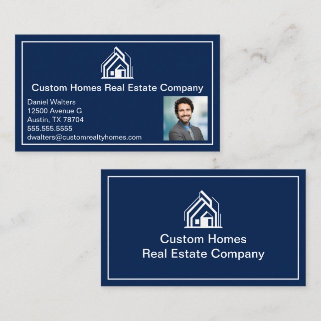 Chic Navy Blue Real Estate Company Realtor Photo Business Card (Front/Back)