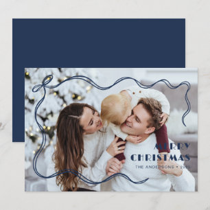 Chic Navy Blue Ribbon Family Photo Merry Christmas Holiday Card