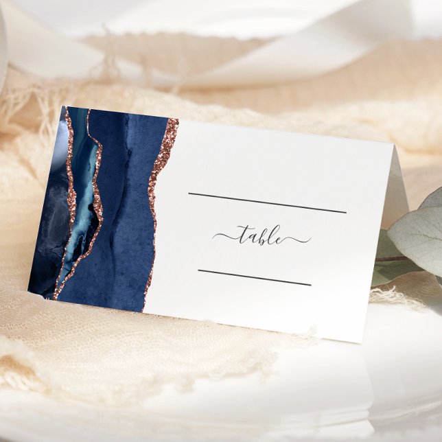 Chic Navy Blue Rose Gold Agate Wedding Table Place Card (Creator Uploaded)