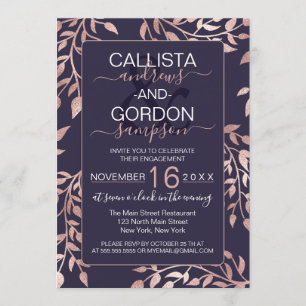 Chic Navy Blue Rose Gold Floral Leaves Engagement Invitation