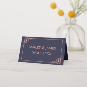 Chic Navy Blue Rose Gold Floral Outline Wedding Place Card