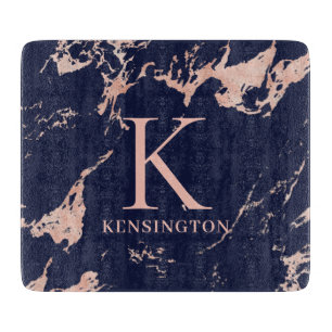 Chic Navy Blue Rose Gold Foil Marble Monogram Cutting Board