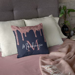 Chic Navy Blue Rose Gold Glitter Drips Monogram Cushion
