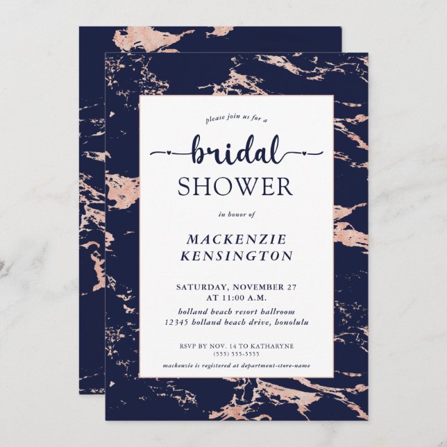 Chic Navy Blue Rose Gold Marble Bridal Shower  Invitation (Front/Back)