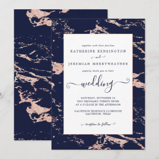 Chic Navy Blue Rose Gold Marble Wedding Invitation