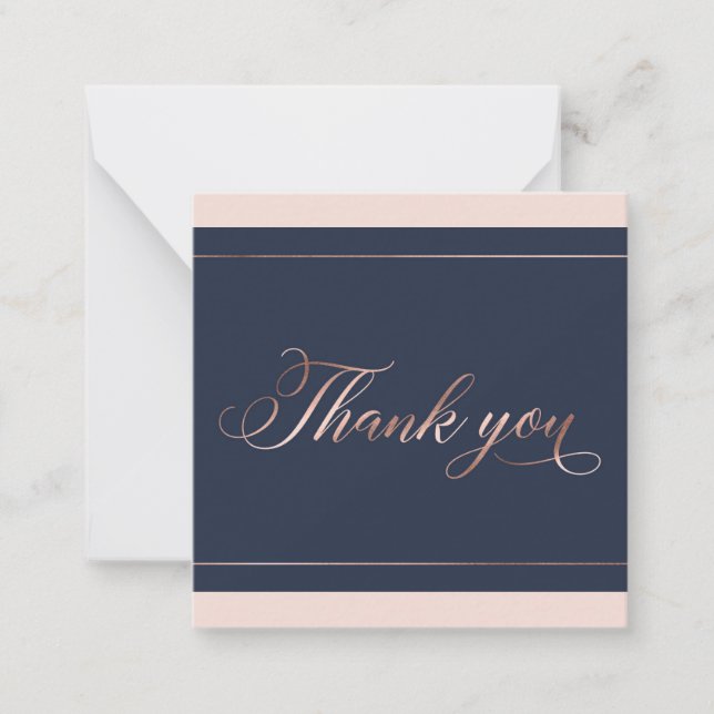 Chic Navy Blue & Rose Gold Script Thank You Card (Front)