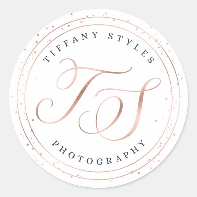 Chic Navy Blue & Rose Gold Trendy Company Logo Classic Round Sticker (Front)