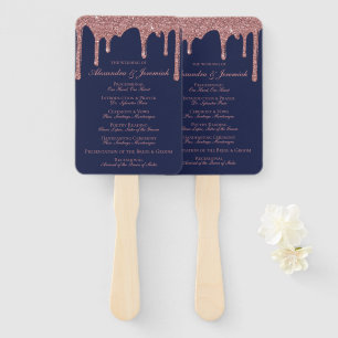 Chic Navy Blue Rose Gold Wedding Program Hand Fan
