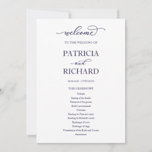 Chic Navy Blue Script Wedding Ceremony Program
