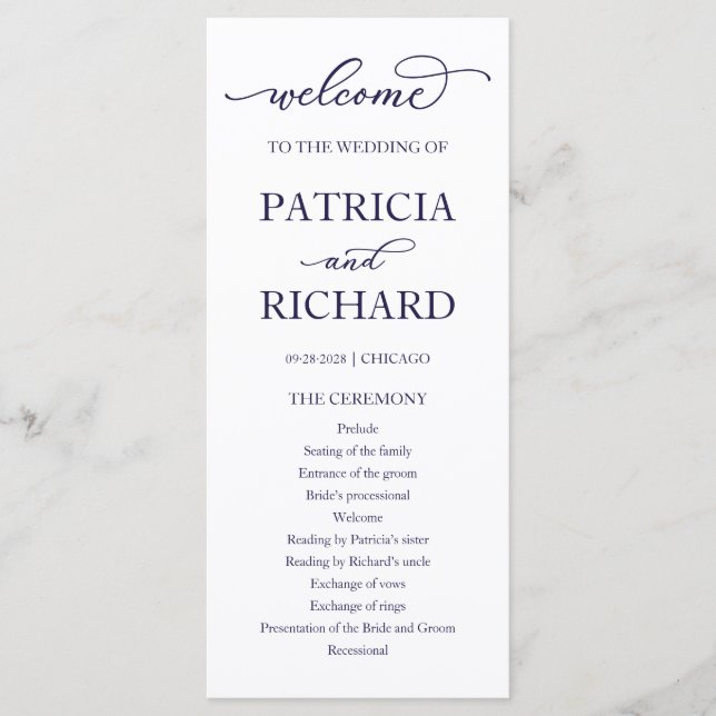 Chic Navy Blue Script Wedding Ceremony Program (Front)