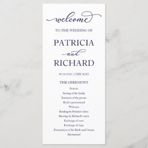 Chic Navy Blue Script Wedding Ceremony Program
