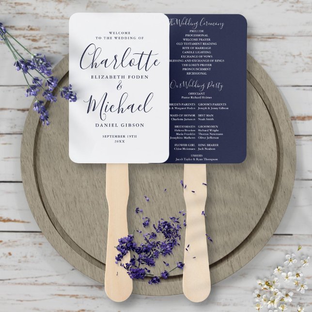 Chic Navy Blue Signature Script Wedding Program Hand Fan (Creator Uploaded)