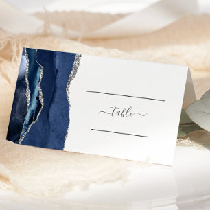 Chic Navy Blue Silver Agate Wedding Table Place Card