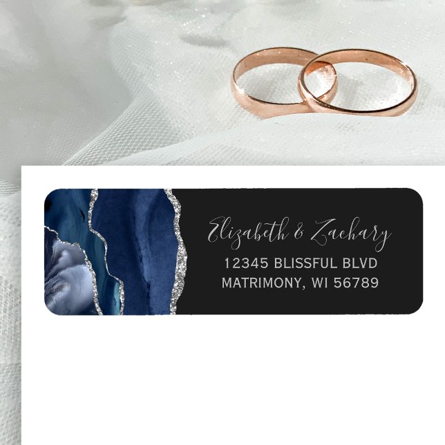 Chic Navy Blue Silver Dark Wedding Return Address Label (Creator Uploaded)