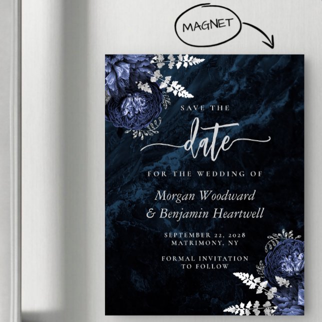 Chic Navy Blue Silver Floral Wedding Save the Date Magnetic Invitation (Creator Uploaded)