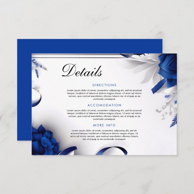 Chic Navy Blue & Silver Flowers Ribbons Wedding Enclosure Card (Front/Back)
