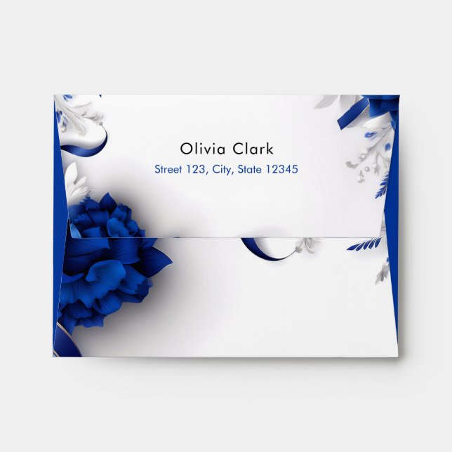 Chic Navy Blue & Silver Flowers Ribbons Wedding Envelope (Back (Top Flap))