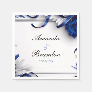 Chic Navy Blue & Silver Flowers Ribbons Wedding Napkin