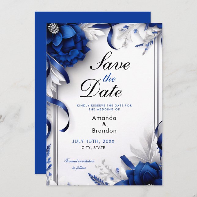 Chic Navy Blue & Silver Flowers Ribbons Wedding Save The Date (Front/Back)