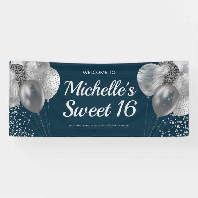 Chic Navy Blue Silver Glitter Balloons Sweet 16 Banner (Horizontal)