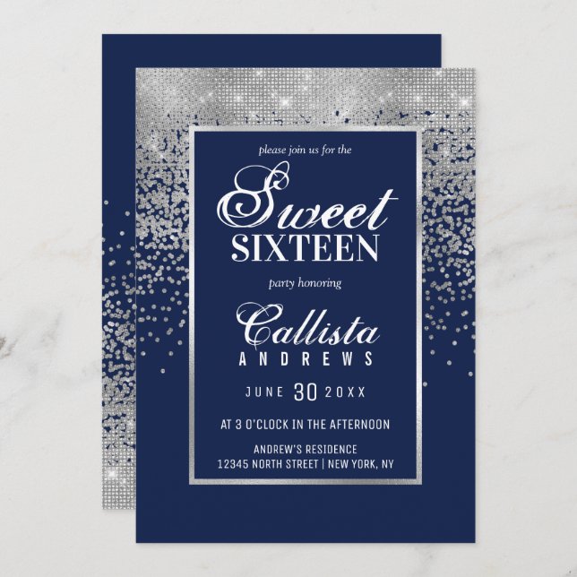 Chic Navy Blue Silver Glitter Confetti Sweet 16 Invitation (Front/Back)